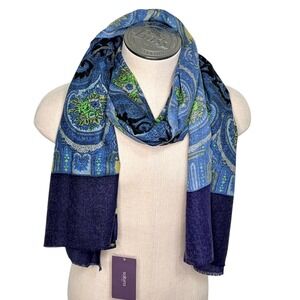 Sabira Azima Printed Lightweight Wool Shawl Scarf 28x80 Blue Purple Paisley NEW